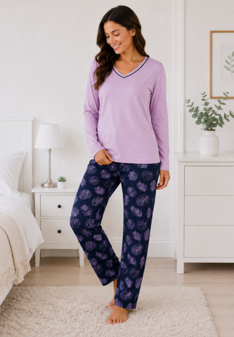 Pijama de damă cu bluză cu maneca lunga și pantaloni lung -Lila,Engros
